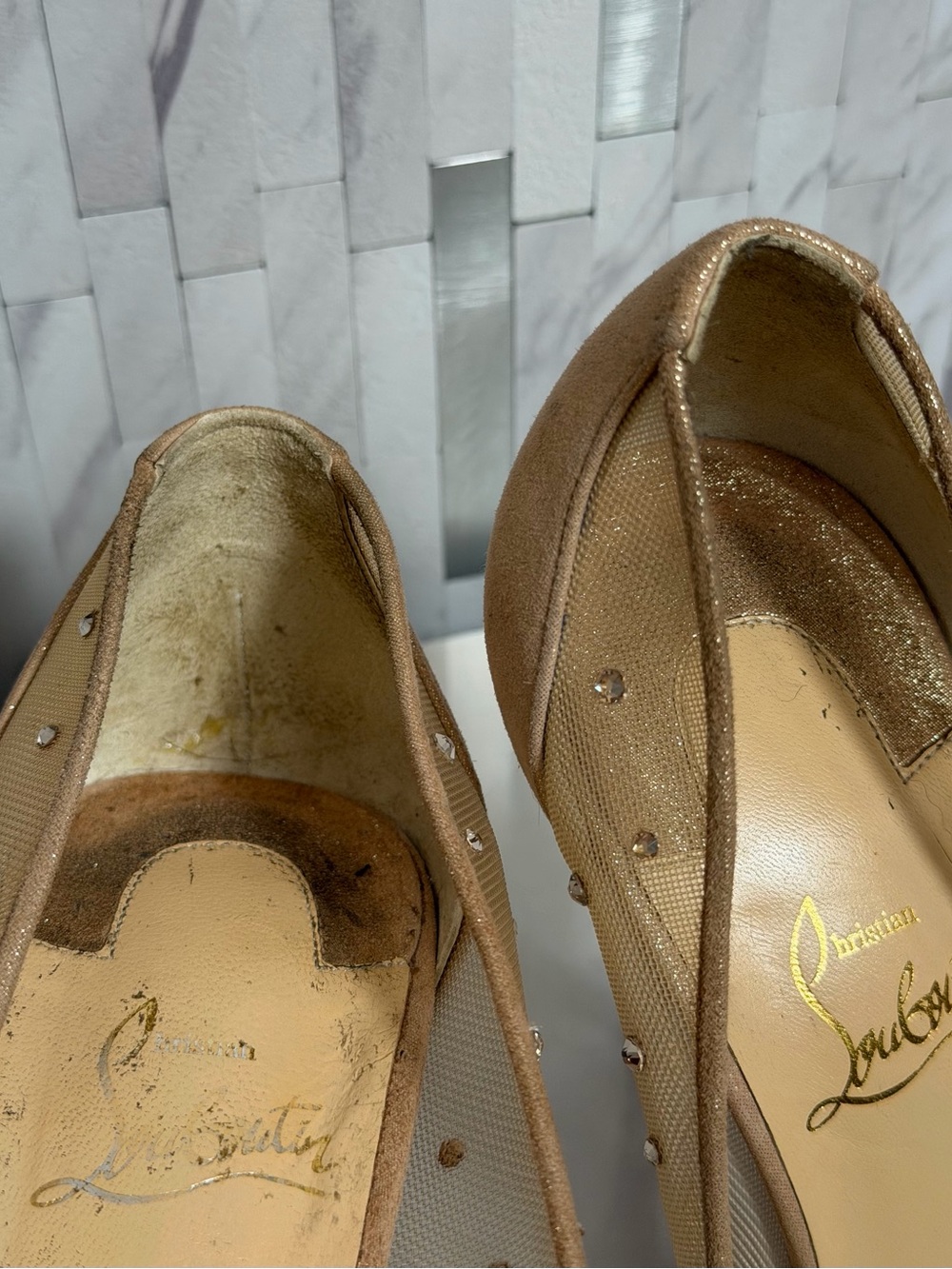 💎Christian Louboutin Nude Follies Strass Suede Rhinestones Heels 100 Size 39 - Picture 15 of 15